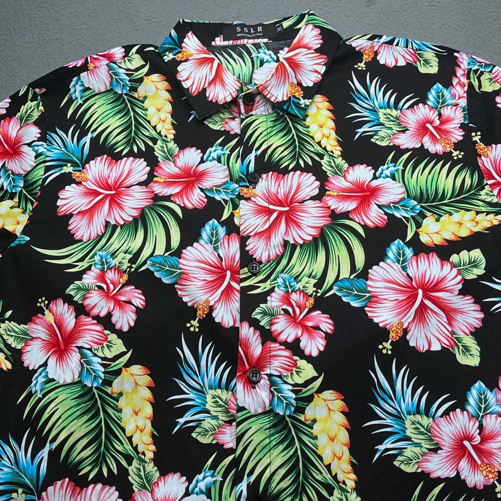 SSLR Hawaiian Shirt Men Medium Black Tropical Hibiscus Floral Cotton Button Down